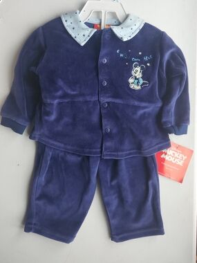 Disney Navy Vintage Velour Mickey Mouse Pajama Set with Light Blue Collar